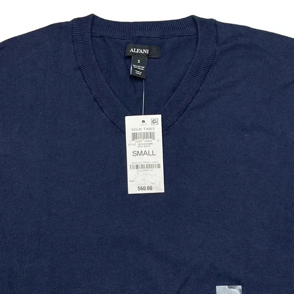 Alfani Solid Table Cotton Blend Navy V-Neck Classic Fit Mens Sweater - Picture 5 of 10